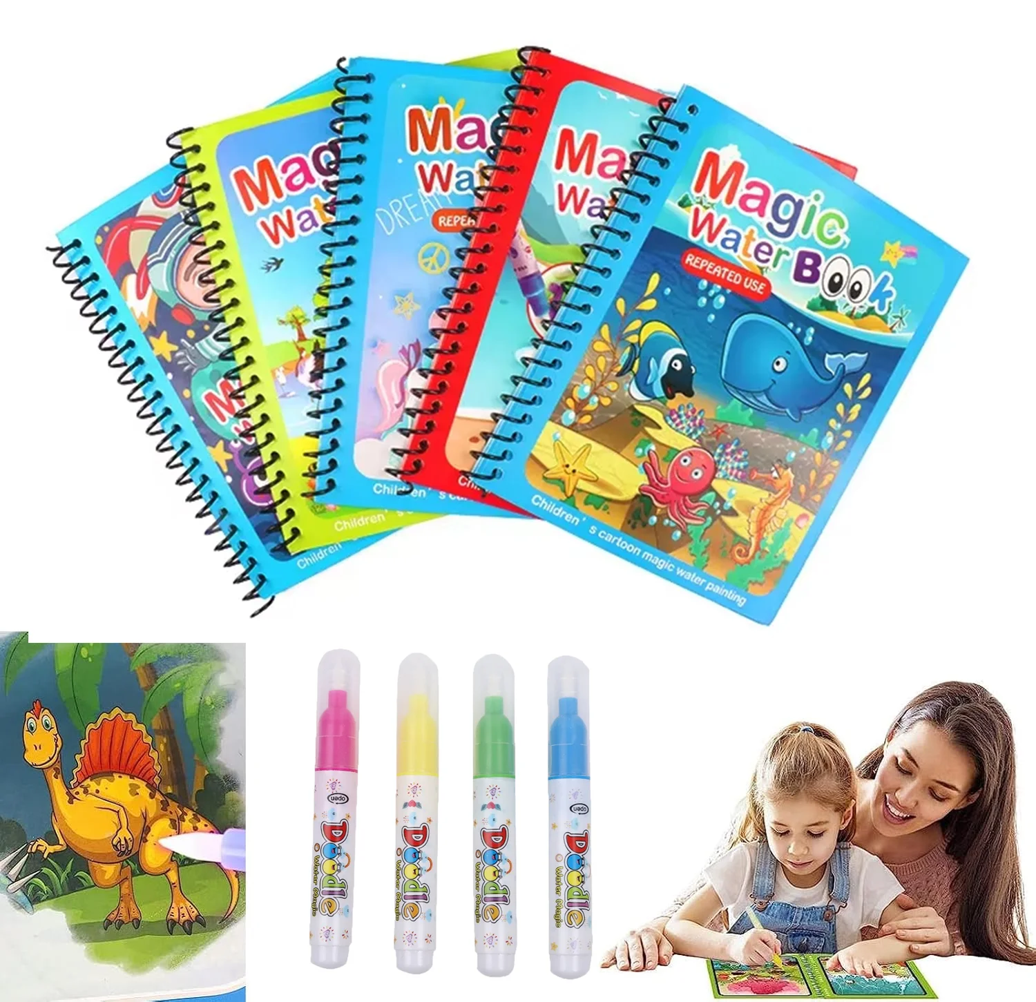 Reusable Water Magic Coloring Book - สมุดภาพระบายสีน้ำสำหรับเด็ก 1 เล่ม พร้อมปากกาเติมน้ำได้ ของเล่นเสริมพัฒนาการและการเรียนรู้แบบสัมผัส ฝึกวาดภาพ