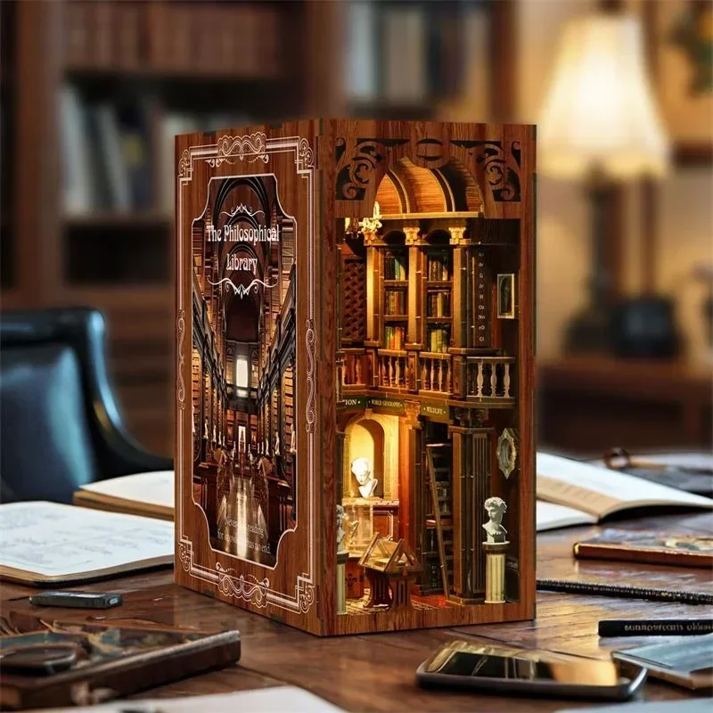 Diy Wooden Book Nook Kit Shelf Insert - ชุดโมเดลจิ๋ว DIY ชั้นวางหนังสือไม้ ห้องสมุดคาซ่าสไตล์ปรัชญา ชั้นวางหนังสือแบบสอด ที่คั่นหนังสือ